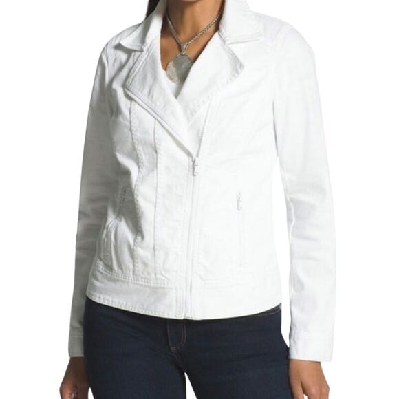 Chico's White Denim Moto Zip-Up Jacket 
Size 1 Medium  Jean Jacket Front Pockets - Picture 1 of 6
